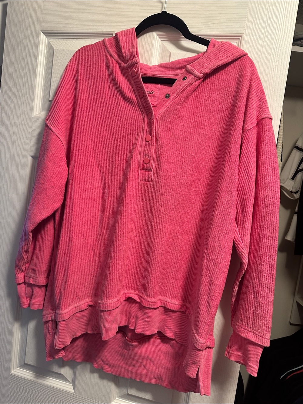 Oversized Pink Hooded Waffle Henley Sweatshirt